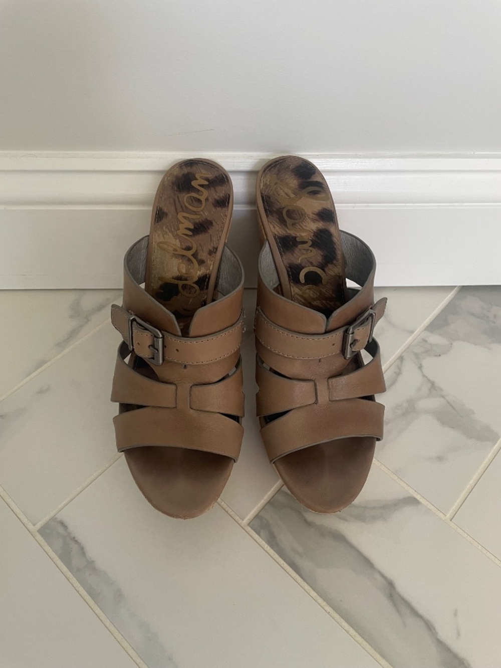 Sam Edelman Chase Cork Platform Sandals Taupe Leather High Heel Wedges - Picture 8 of 9